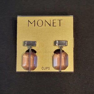 VTG Clip On Pink Silver Earrings Dangle Drop Pageant Rhinestone Crystal NEW Card